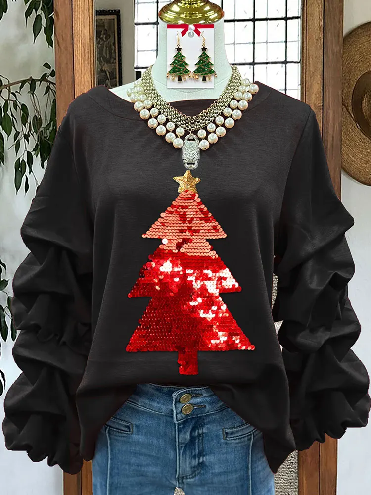 Classic Christmas Tree Sequined Pleated Sweatshirts