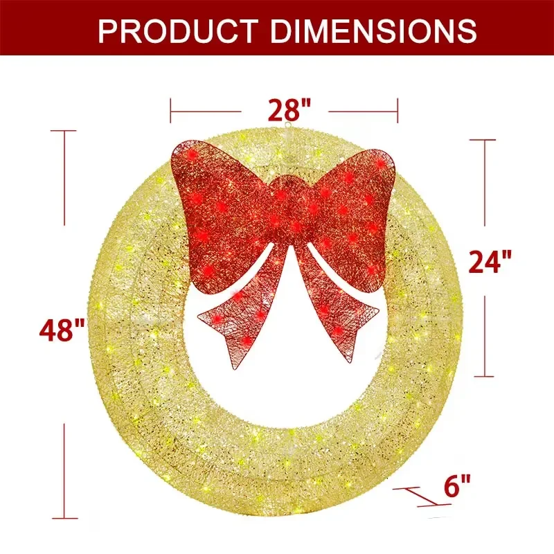 48 Inch Pre Lit Christmas Wreath Outdoor Metal Frame LED Lights Holiday Garden Home Decoration Festive Xmas Door Wall Hanging