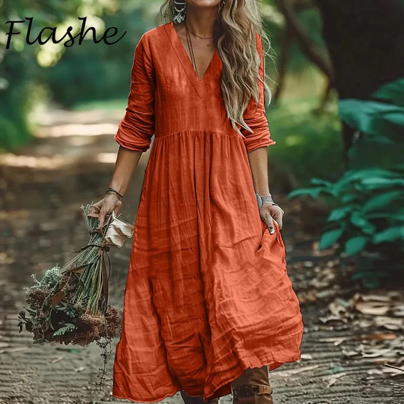 Baumwolle Leinen Lose Lange Kleider Für Frauen 2023 Frühling Herbst Neue Casual Langarm V-ausschnitt Maxi Kleid Frauen Urlaub Party Kleid