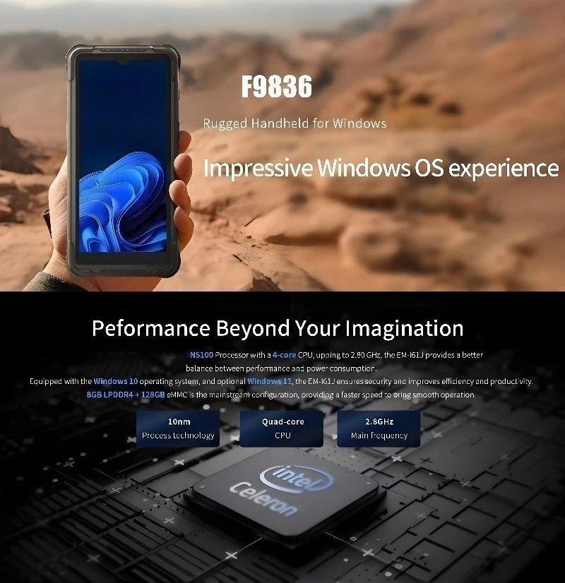 F9836 Industrial Rugged Mobile Phone Windows System 10nm Waterproof 6.5 Inch Touch Screen NFC Dual Band Wireless PDA
