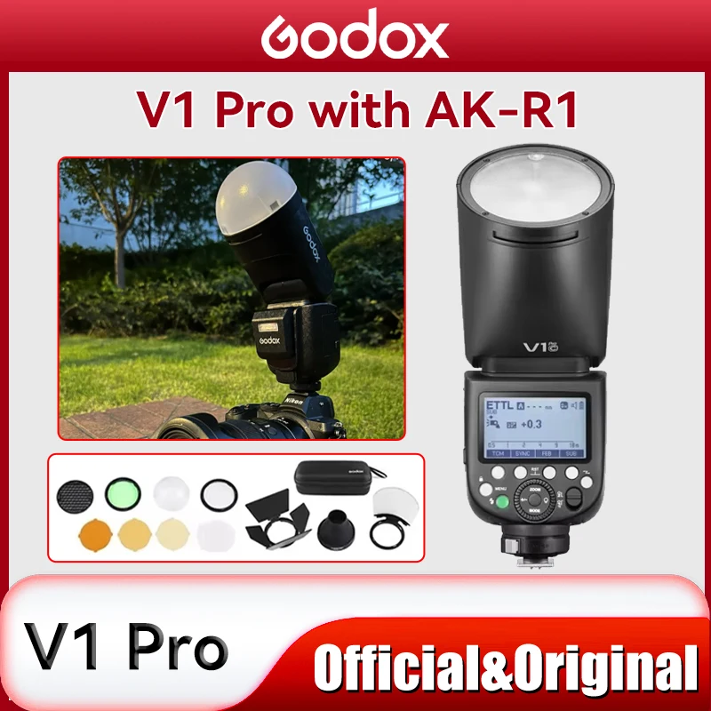 Godox V1 Pro with AK-R1 Round Head Camera Flash Wireless Transmission Speedlite Flash for Canon Nikon Sony Fuji Olympus