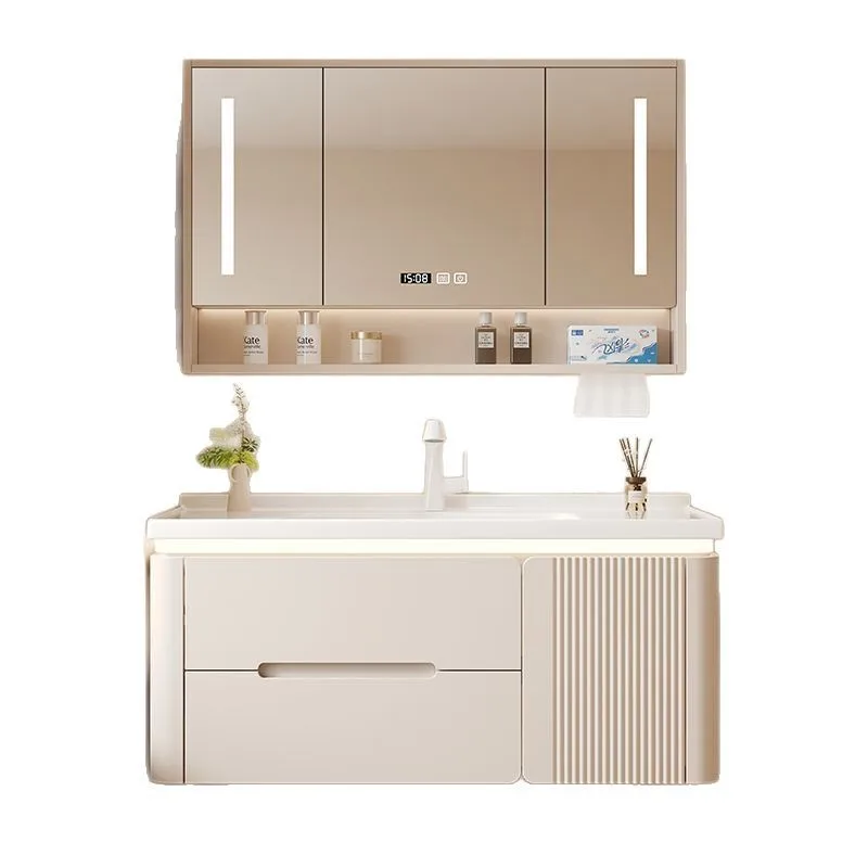 Cream bathroom cabinet ceramic integrated basin wash basin cabinet combination washbasin countertop integrated bathroom