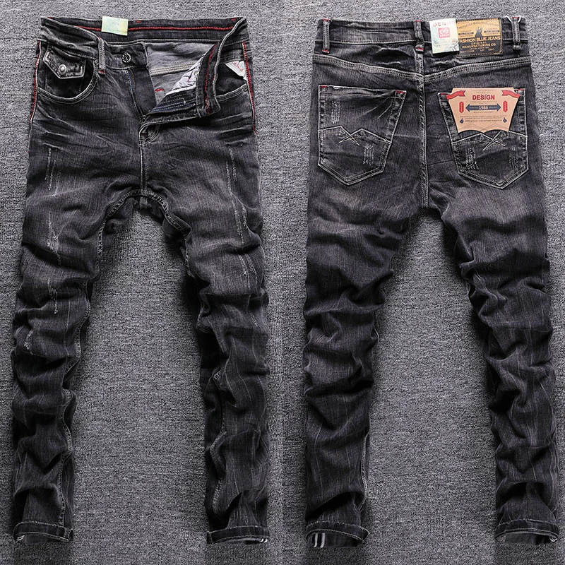 

Streetwear Fashion Men Jeans Retro Black Gray Elastic Slim Ripped Jeans Men Trousers Vintage Casual Stretch Denim Pants Hombre