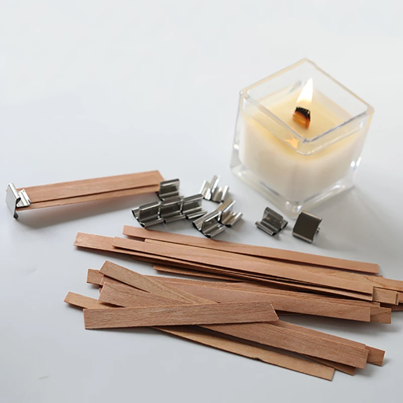 50pcs with Clip Base Wooden Candle Wicks Tab Wick Paraffin Beeswax Burning Smokeless Wick for DIY Candle Making Supplies