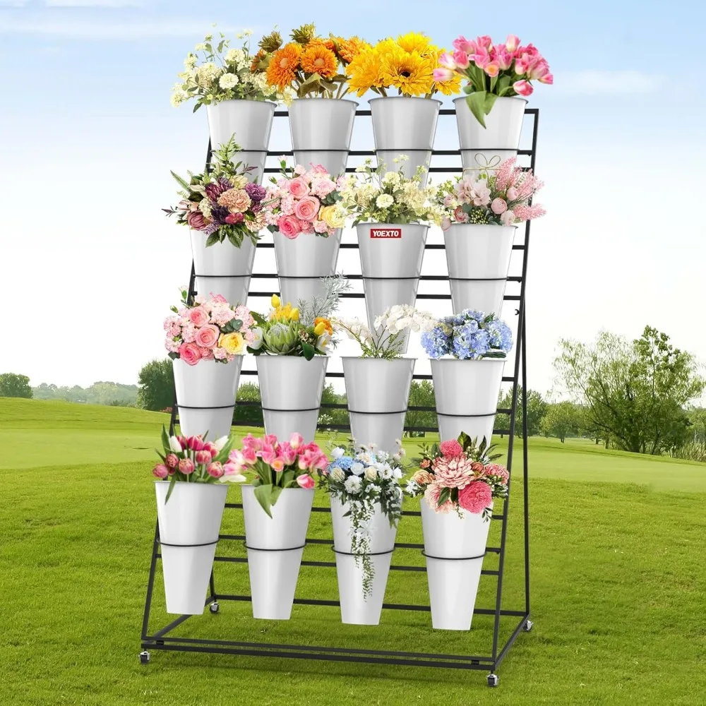 

4 Layers Flower Display Stand with Buckets, 16 PCS Buckets Plant Stand with Wheels, Movable Metal Plant Stand for Terrace Garden