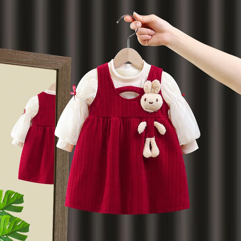 Children's red dress autumn/winter girl's dress baby birthday dress 1-year-old bunny 2-piece set