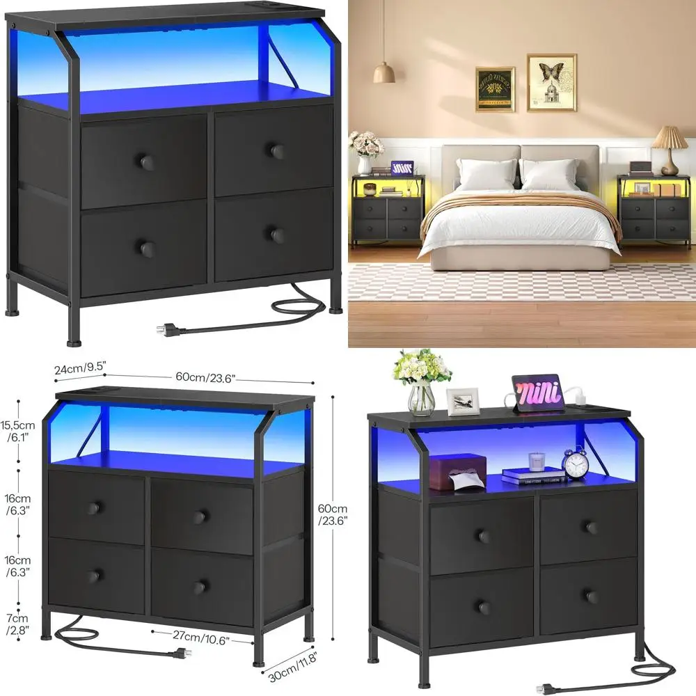 

Black Bedroom Nightstand with LED Light, Charging & 4-Drawer Storage
