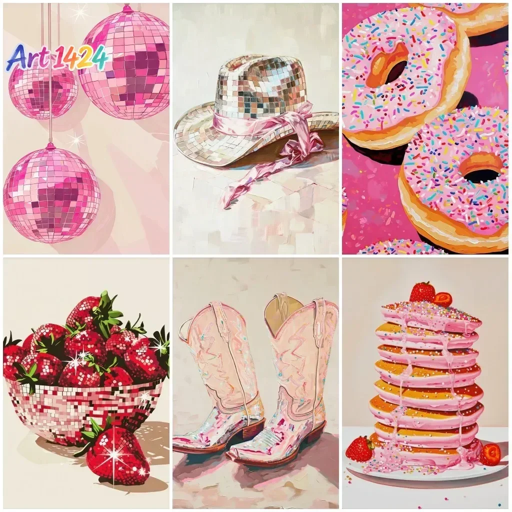 1pc frameless canvas painting Pink Style Art Poster Cowgirl Hat Disco Ball Dessert Trendy Travel Bow Canvas Painting Wall Pri