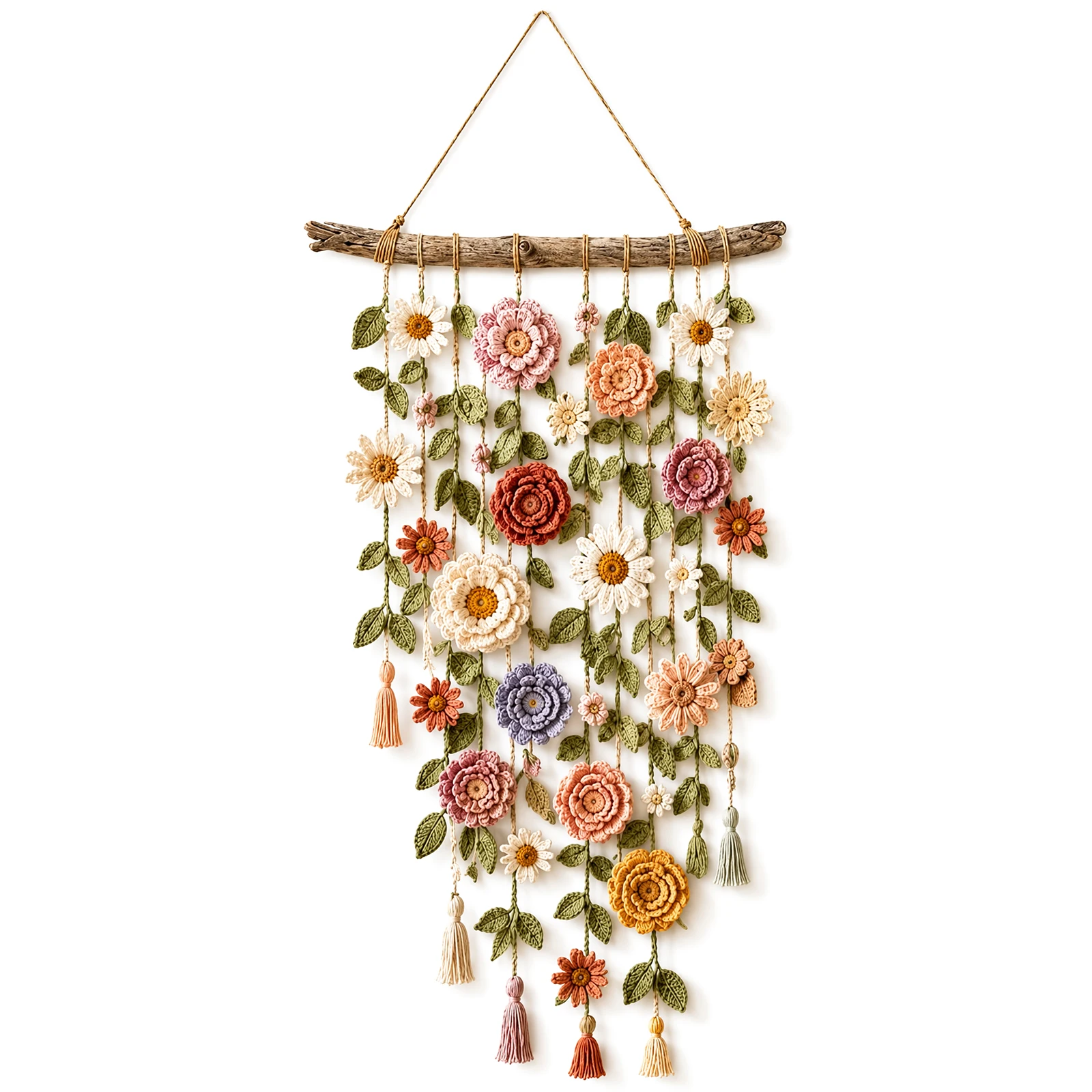 Macrame Wall Hanging - งานถักโครเชต์ลายดอกไม้ทำมือจากผ้าฝ้าย ขนาด 31.5x19.69x0.79 นิ้ว ของตกแต่งสไตล์โบโฮสำหรับตกแต่งผนังภายในบ้าน