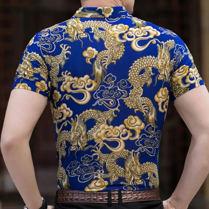 Neues Kurzarmhemd für Herren mittleren Alters, lässiger Druckkragen, Eisseide, Passform, Blumenmuster, dünn, modisch