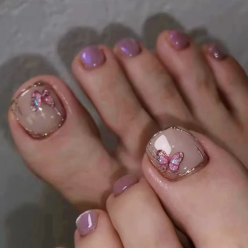

24PCS Cat-Eye Press-On Toe Nails - Purple Base with Gold Borders & Butterfly Prints Fake Nails For Women