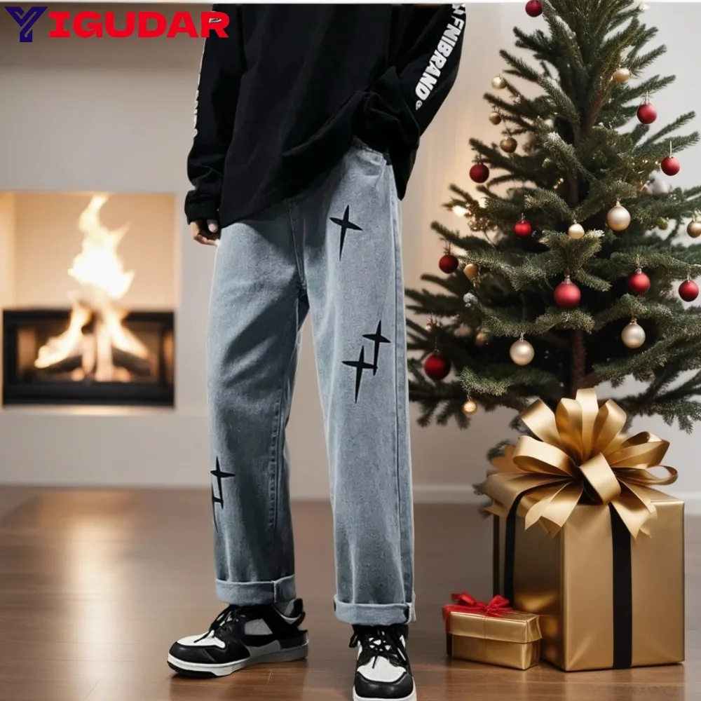 

Fashion Straight Loose Spring Ins New 2024 Style Fashion Cross Pants Jeans All-Match Handsome Wide-Leg Pants Men's Clothing