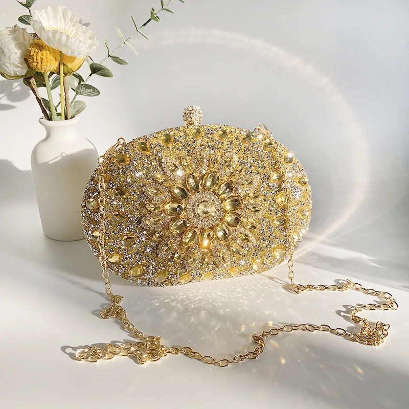 

Luxury Gold Silver Diamond Flower Oval Evening Bags For Women Fashion Charm Clutch Purse Metal Chain Shoulder Bag Femme Handbag