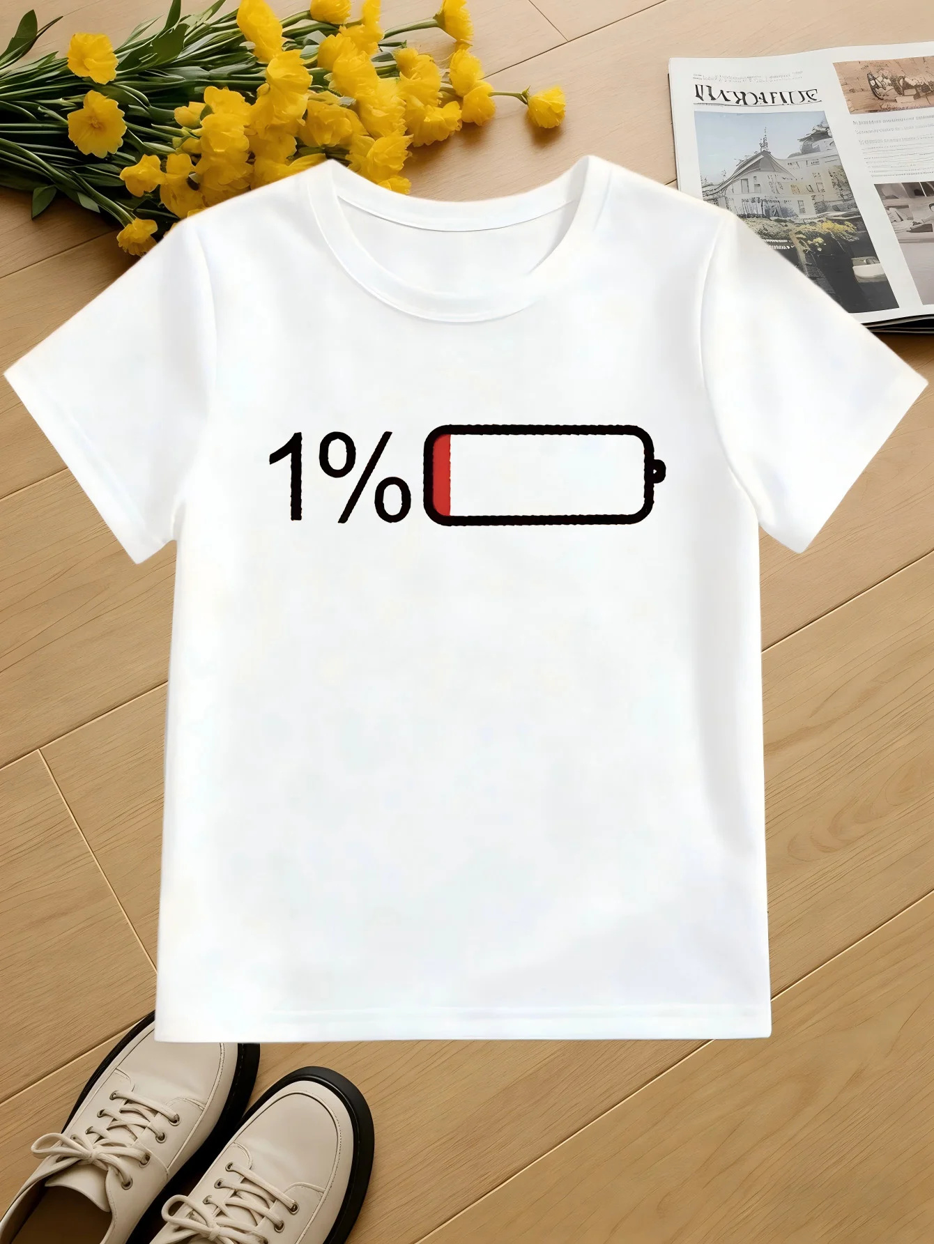 Low Power 1 Percent Battery Icon Funny Minimalist Print Kids T Shirt Boys Girls Family Matching Summer Crew Neck Casual Tee