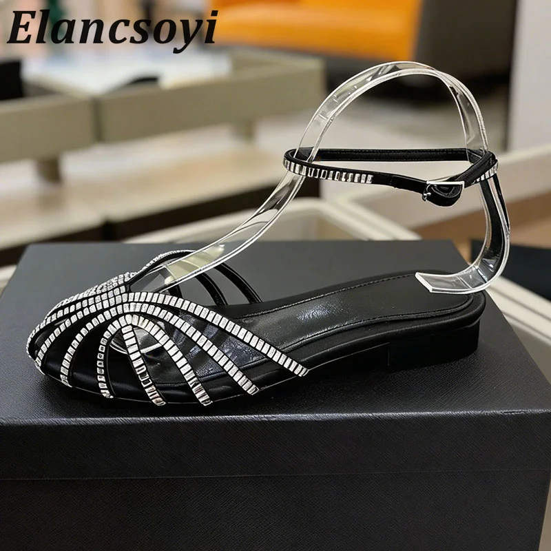Sandals Women Hollow Out Bling Rhinestone Decor Ankle Strap Flat Sandalias Mujer Ladies Summer Fashion Party Banquet Shoes 2026