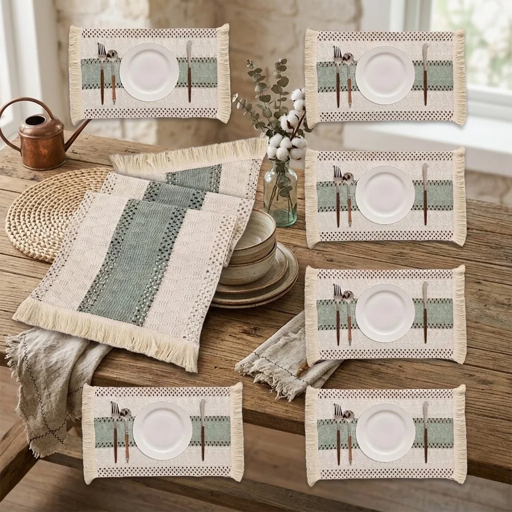 7 Pcs Woven Placemat Set With Table-Runner Striped Spliced Fabric Tassel Decor For Dining Room Kitchen Home-Textile Accessories