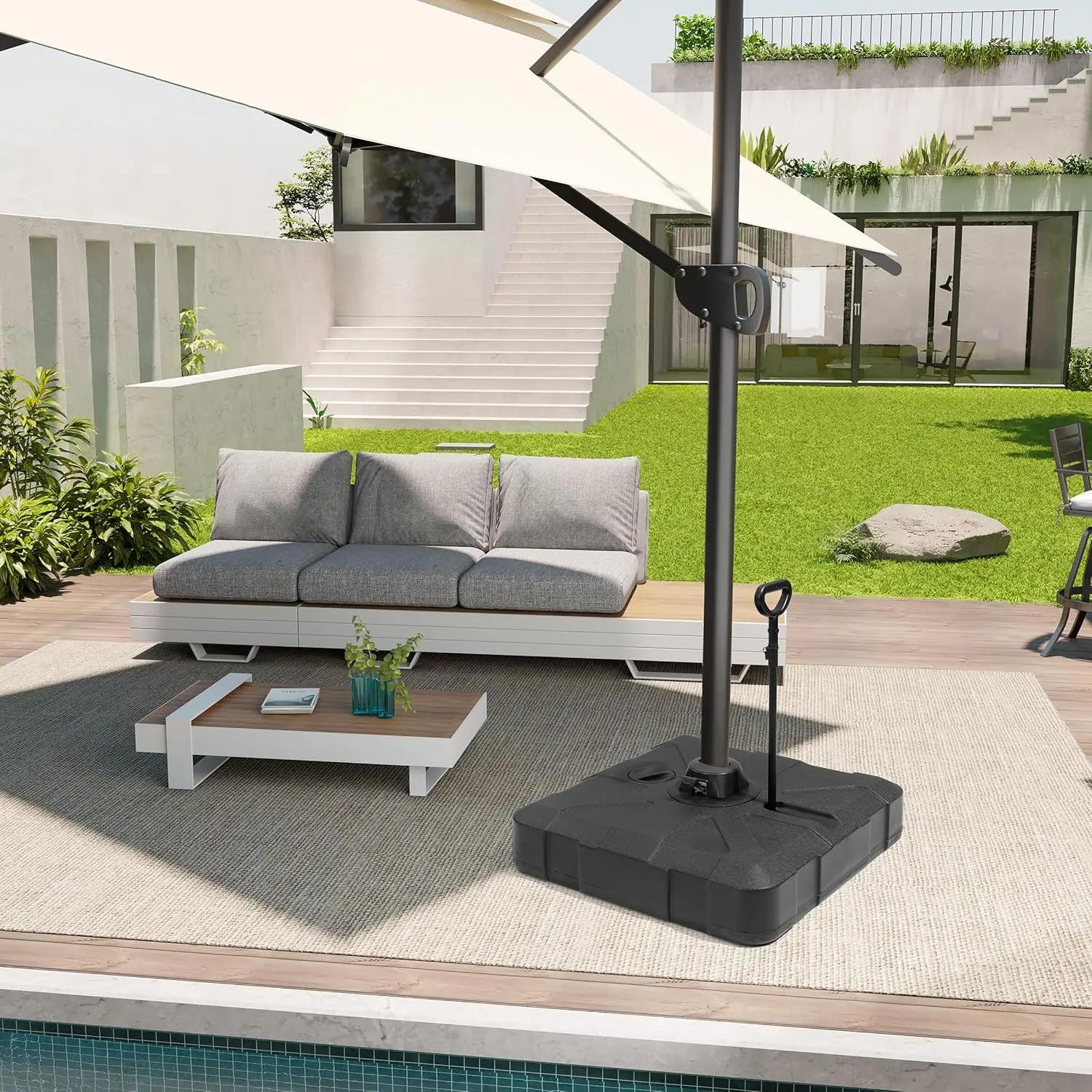 Alas Payung Cantilever dengan Roda, Penyangga Payung Patio Offset 300 lbs, Alas Payung Berbobot Isi Air & Pasir, Hitam·Baru