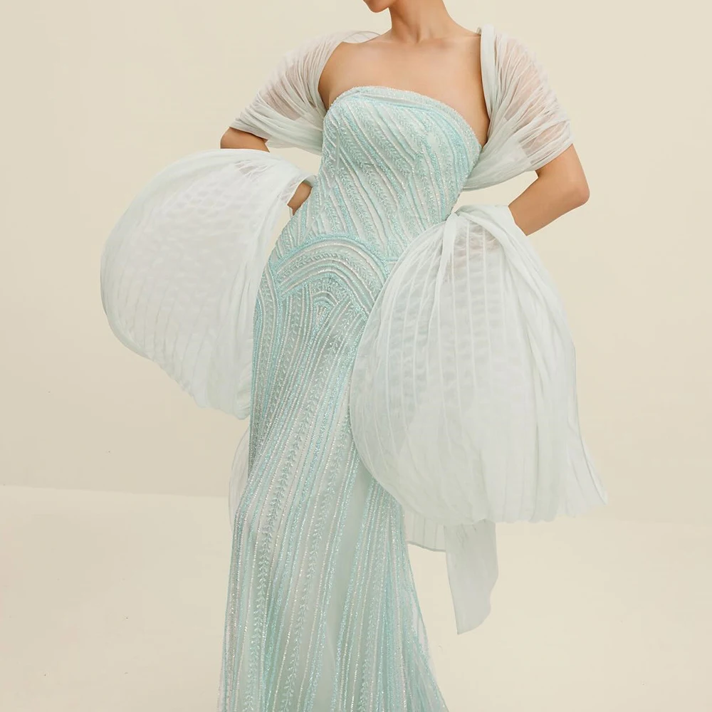 Sheath Strapless Organza Sleeveless shawl Elegant and Temperament Light Blue Evening Gowns Watteau Train Beading Crystal Pleats