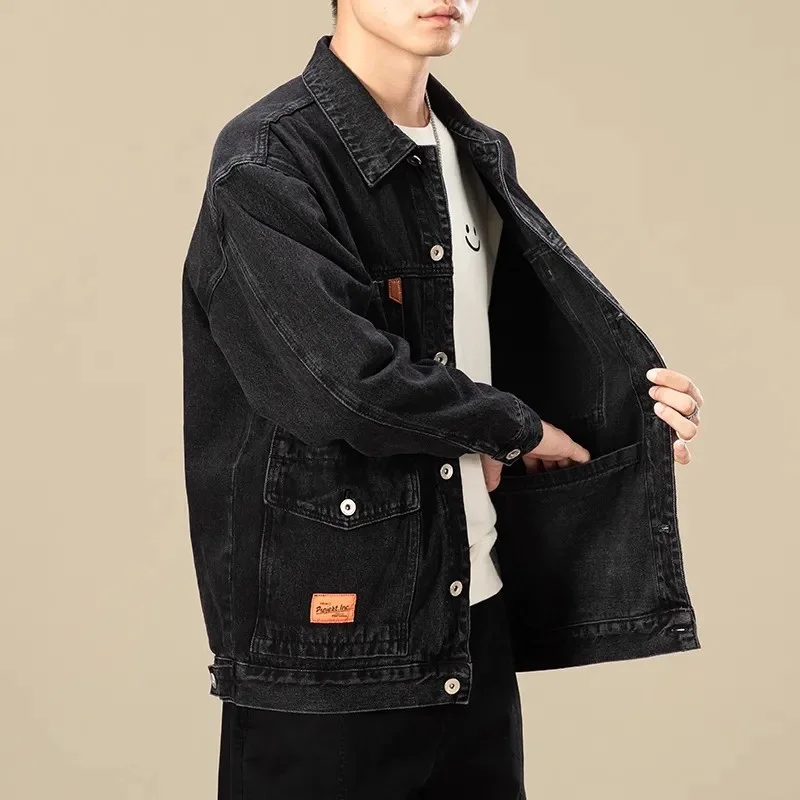 Men's Workwear Denim Jacket Autumn Winter Wear Resistant Dirty Multi Pocket Casual Style Long Sleeve Button Closure Coat