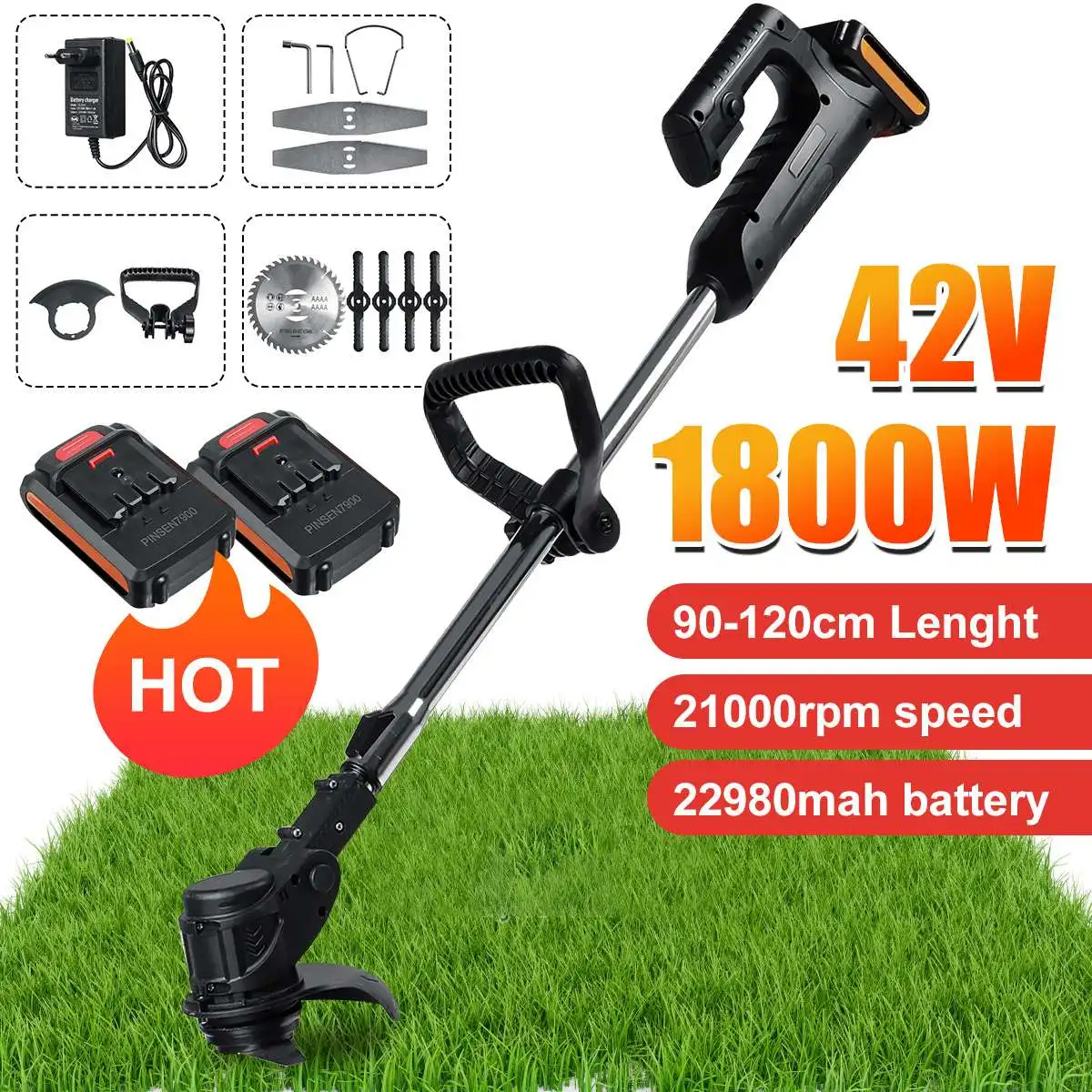 

1800W Electric Lawn Mower 42V Cordless Grass Hedge Trimmer Adjustable Handheld Mowing Machine Garden Power Tool with Battery