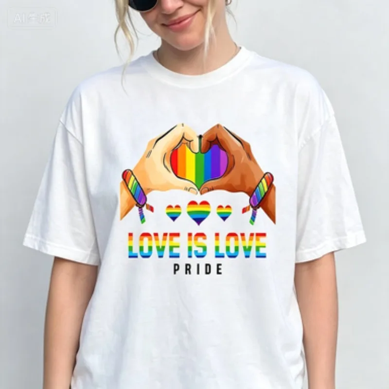 Women Cotton T-Shirt Love Is Love Pride Graphic Tee Rainbow Heart Hand Gesture LGBT Equality Summer Casual Crew Neck Tops