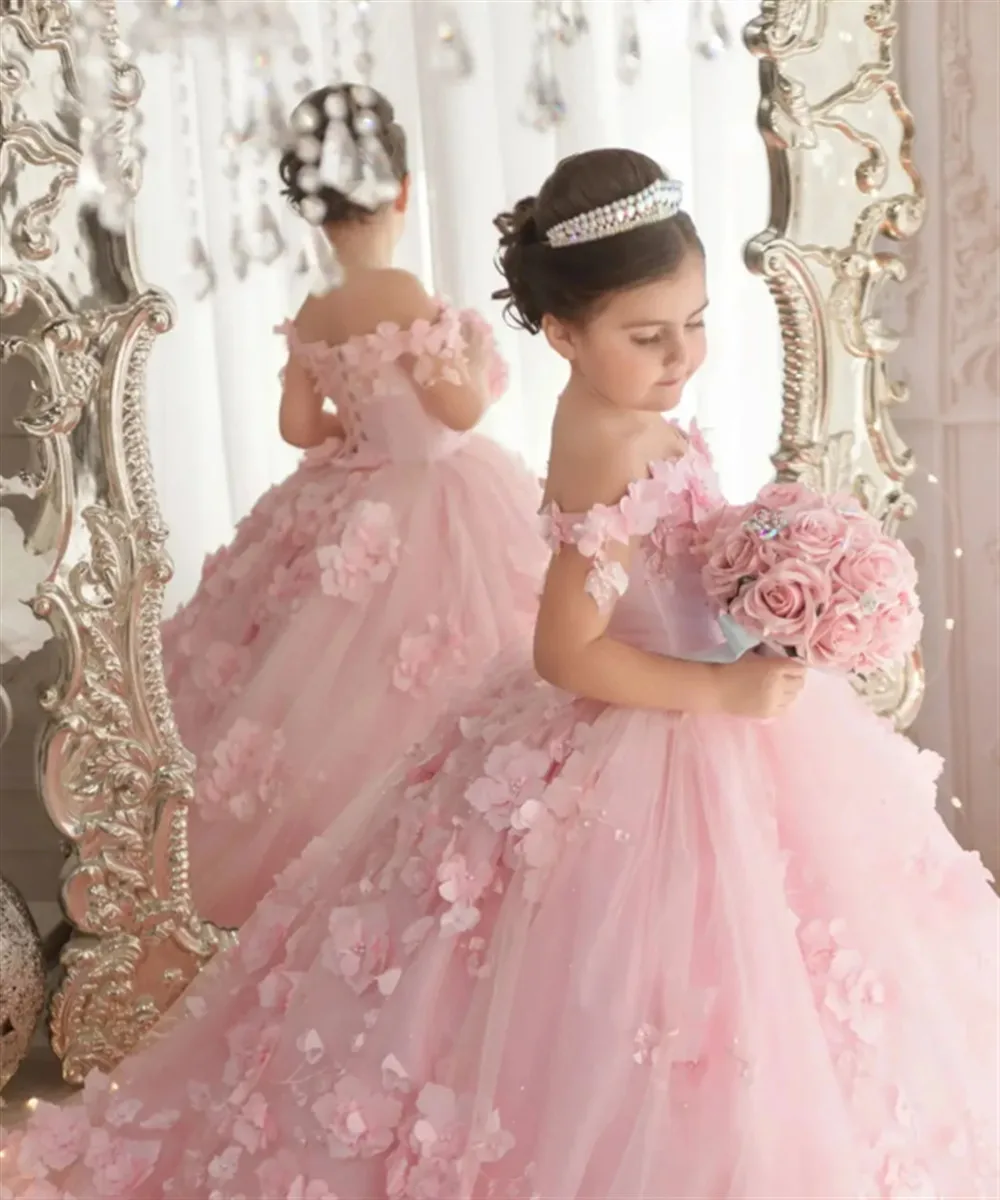 Robe de mariée à fleurs pour filles, avec des Appliques roses personnalisées, épaules dénudées, perles luxueuses, robe de fête d'anniversaire eucharistique pour enfants