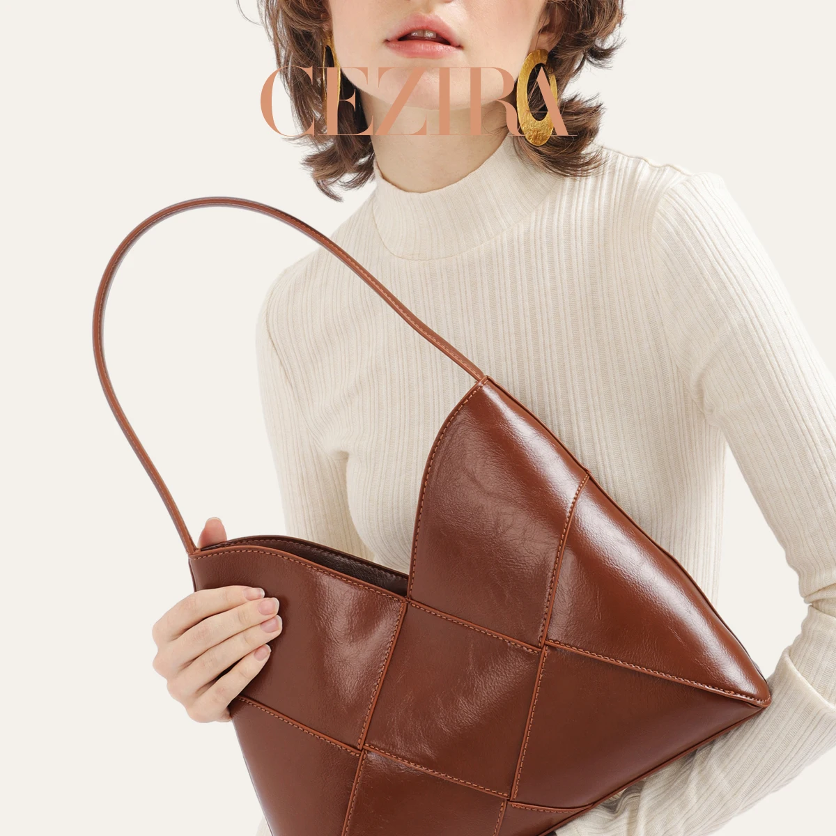 CR Elegant PU Leather Diamond Check Zipper Closure Baguette Shoulder Bag Women Fashion Handbag For Daily Office Casual Travel