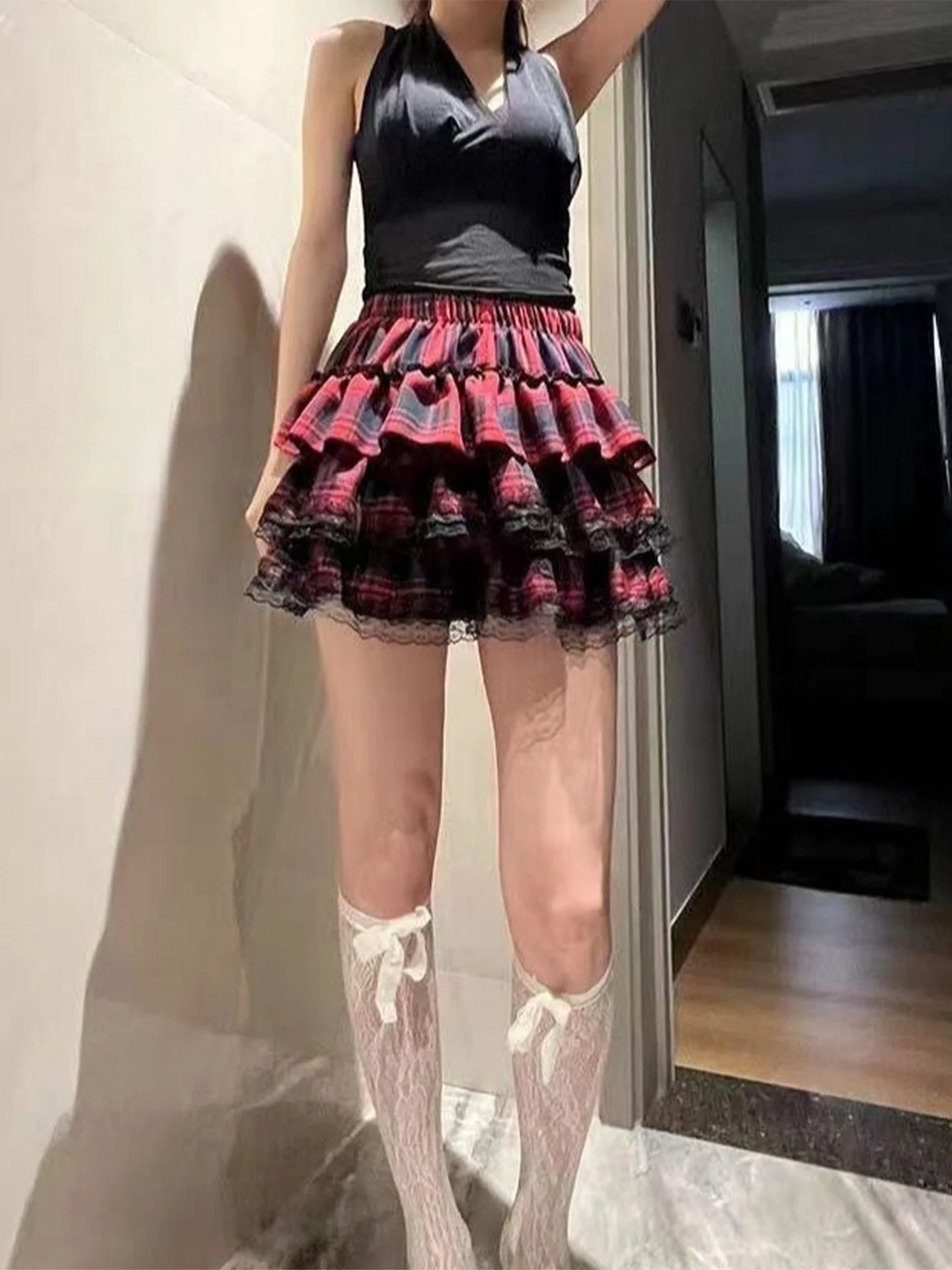 Sweet Lace Plaid  Skirt Women's Summer Spicy Girl Cultural Half-length Pumpkin Pants Skirt Retro High Waist Cake Skirt