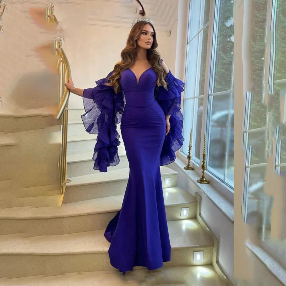 Customized Purple Crepe Multi Layer Ruffle Deep V Off Shoulder Mother Of The Bride Gown Flowy Sleeve Mermaid Guest Gown