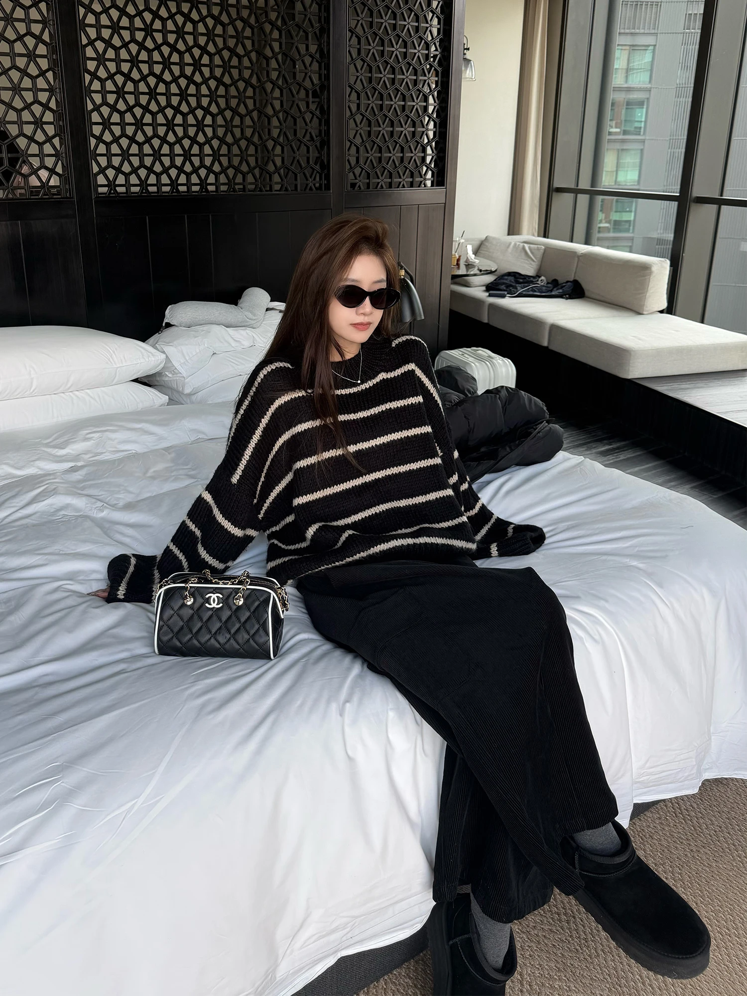 

Superniniyy свободный крой круглый женский свитер Ne Long Sve Thiened вязаный фонарь Sve полосатый цветной трикотаж