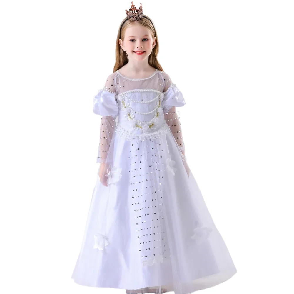 Girls Princess Costumes White Dress Snow Queen Princess Dresses Fancy Dress Up Clothes  Halloween Snow Party Cosplay