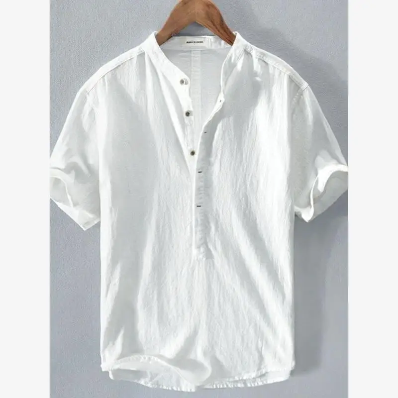 

Fre Cotton Linen ort Sve T-irt Men's Casual Loose Summer Youth Artistic Stand Collar irt Qui Dry Felted Trim