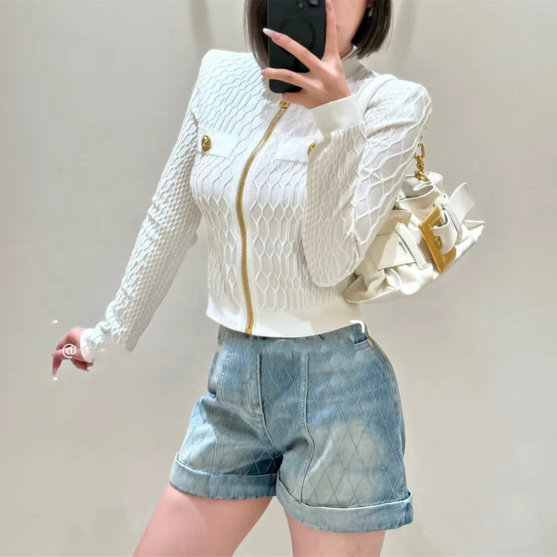 ハイエンドバージョン パリ風ラグジュアリー 幾何学模様 ゴールドブルー ジッパー付き ニット ラウンドネック オープンカーディガン レディース ファッション アウターウェア