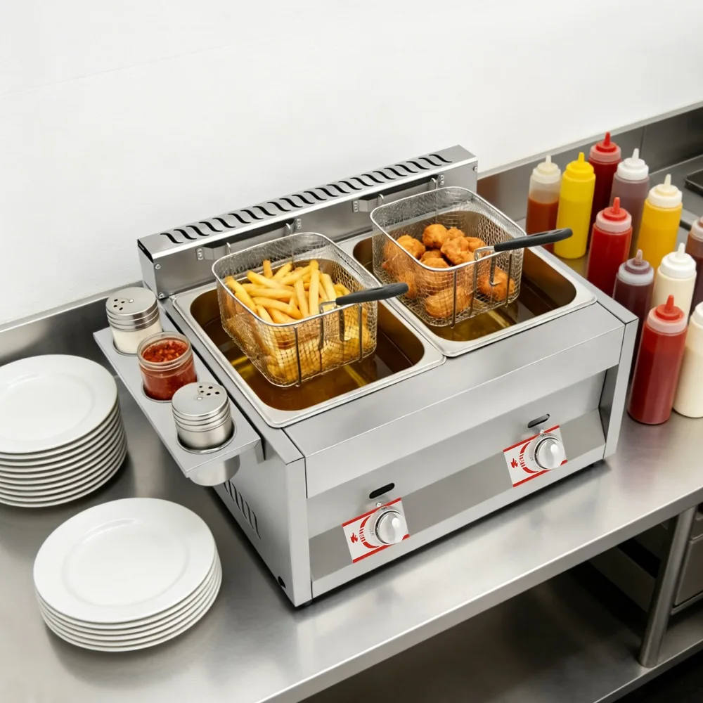 Commercial Deep Gas Fryer Double Cylinders 6L*2 Capacity, Gas Deep Fryer with Independent Controls, Rust Resistant 430 Stainless Steel, Splash Guard, Stable Design