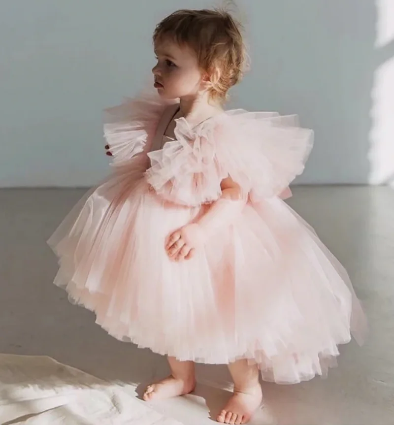 Flower Girl Dresses Pink Tulle Puffy Skirt With Bow Puff Sleeve For Wedding Birthday Party First Communion Gowns