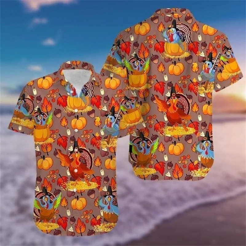 Happy Thanksgiving Day Turkey With Beer Graphic Hawaiian Shirts For Men Casual Short Sleeve Button Up Tee Shirts Tops Streetwear