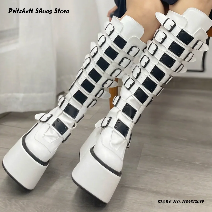 Women's Punk Style Platform Rocking Boots Belt Buckles Round Toe Wedges Knee-high Boots Spring Autumn Height Increasing Shoes