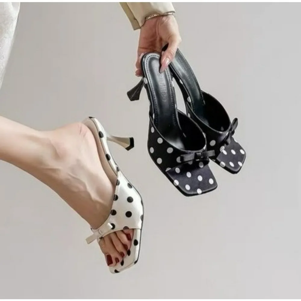 Pointed Toe High Heels Women Dot Sandals 2026 Summer Singbacks Mules Shoes Elegant Butterfly-knot Stripper Party Sandalias