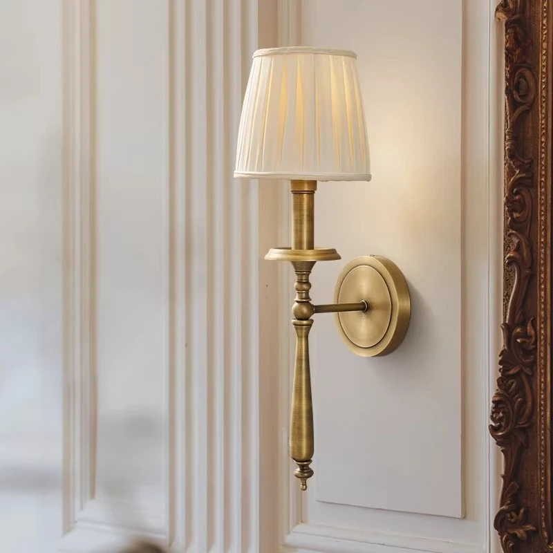 American All Copper Wall Lamps White Pleated Fabric Lampshade Living Room Bedroom Restaurant Study Eye Protection Sconces Light