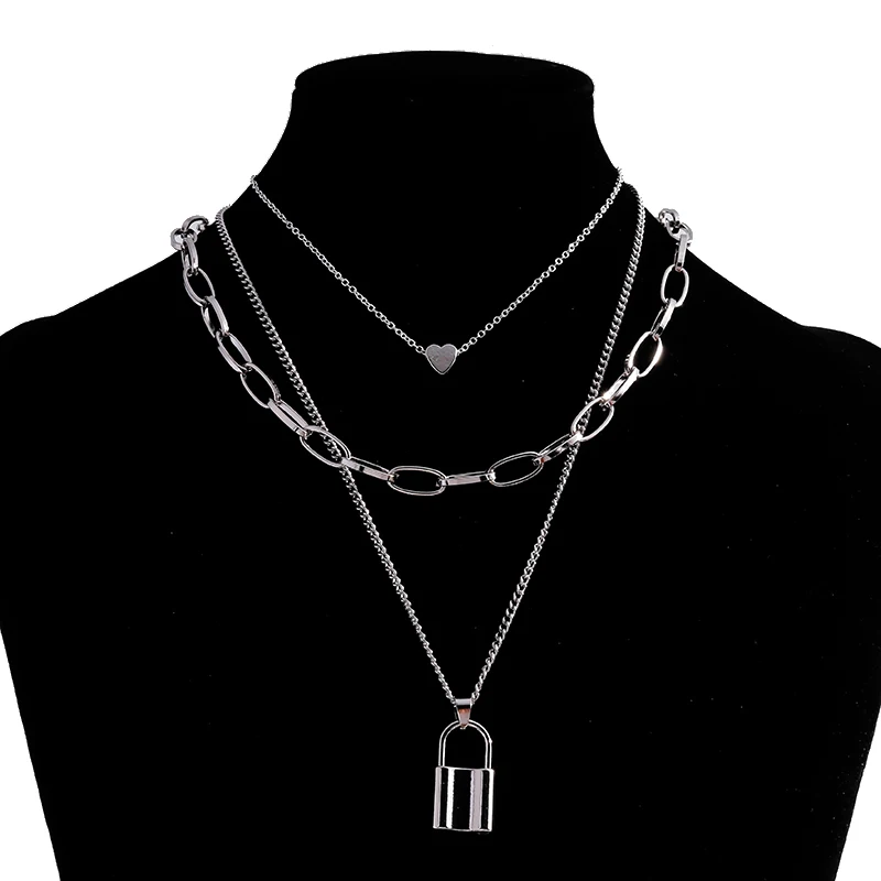 Aihua Vintage Boho Gold Farbe Mehrschichtige Kette Winzige Herz Schloss Anhänger Halsketten für Frauen Halskette Party Schmuck Geschenke – Detail 2