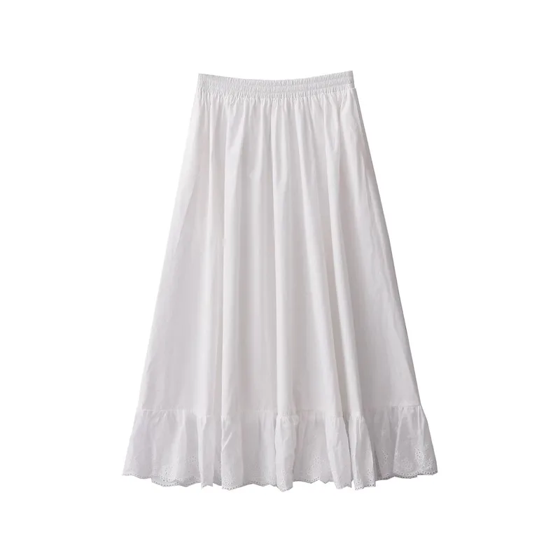 Retro Women's Skirts White Embroidered Ruffled Lace Trimmed Cotton Pleated Skirt Korean Fashion Autumn Casual Female Clothes