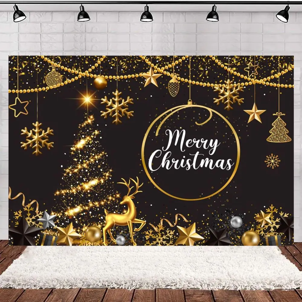Black Big Christmas Tree Photography Background Xmas Elk Golden Ball Shine Star Gift Kids Family Party Decoration Photo Backdrop