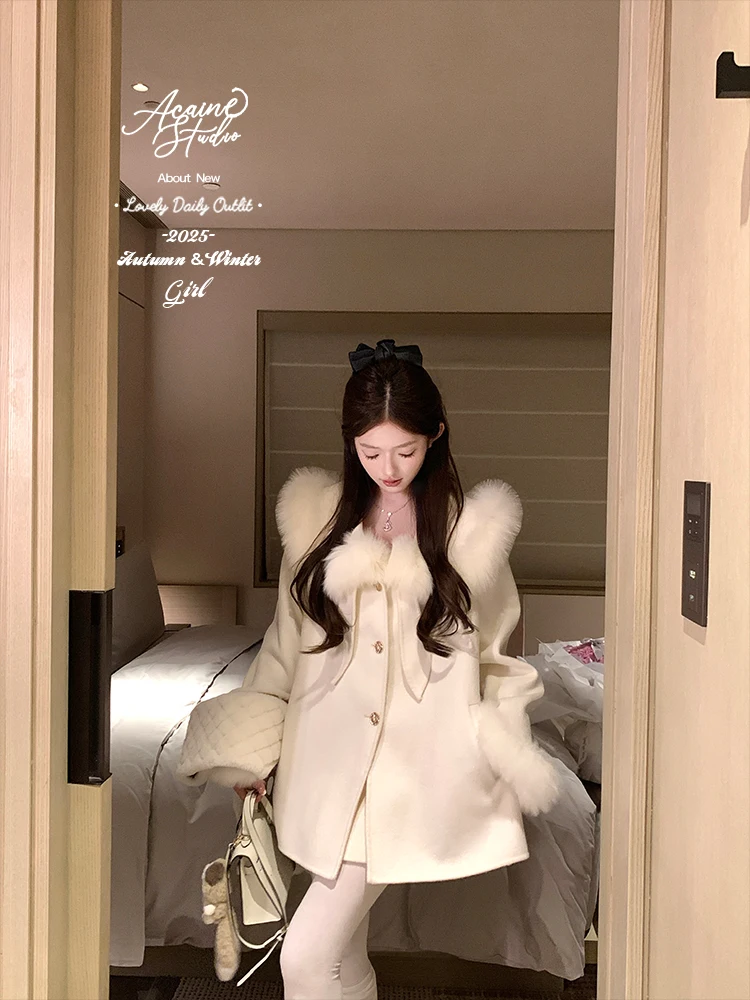 

Acaine German Winter White Rabbit Ear awl Woolen Coat Women's Mid-Length Tweed Jaet Sweet Sle Online Exclusive Thiene...