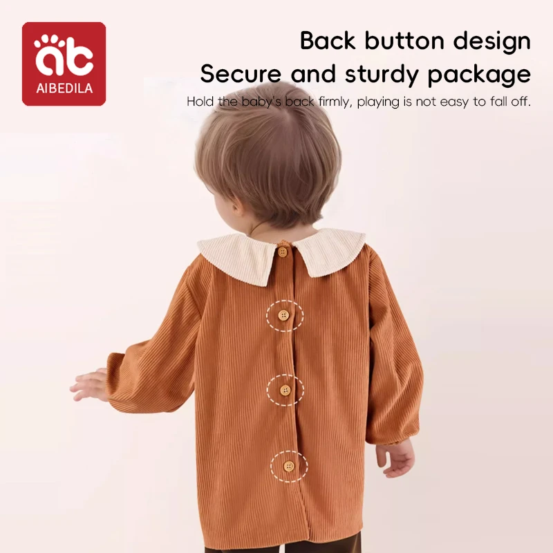 AIBEDILA-Tablier à manches longues imperméable pour enfants, chasuble d'alimentation en velours côtelé, chasuble avec poche, dessin, chaud, nouveau-né, hiver