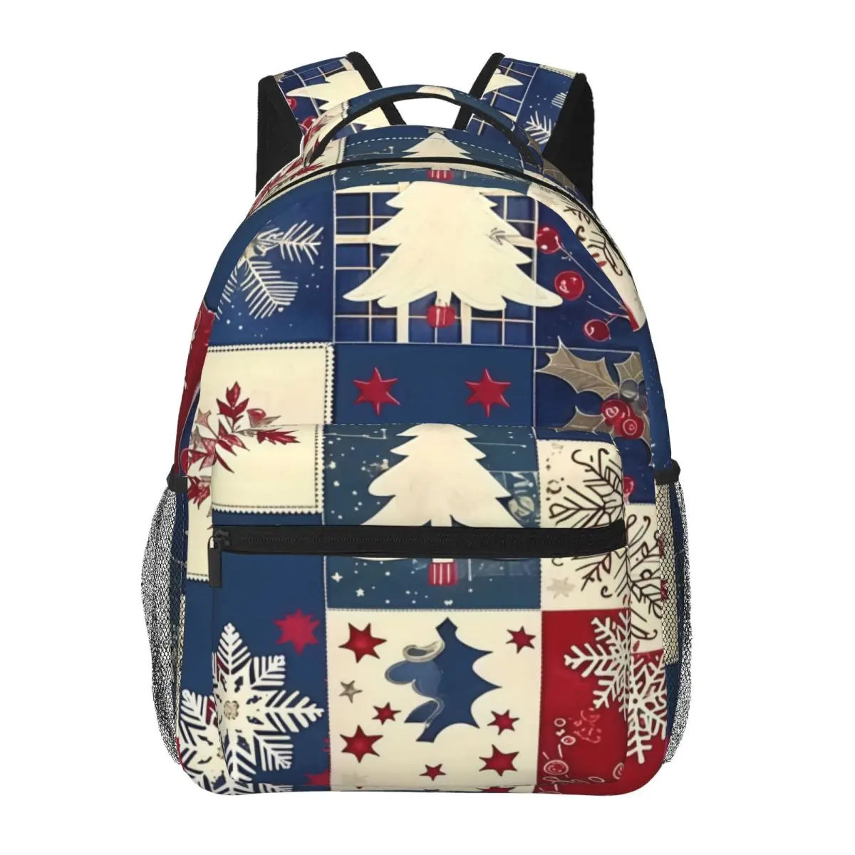Winter Holiday Print Backpack Grid Christmas Snowflakes Tiles Vintage Folk Christmas Navy Blue Red Cre Holiday Bookbag for Girls
