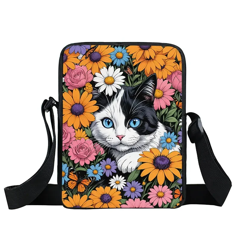 Flores dos desenhos animados Gato Crossbody Bag, Kawaii Gato Preto Lua Bolsas, Suporte do telefone, Estudante Portátil Casual Bookbags Presente