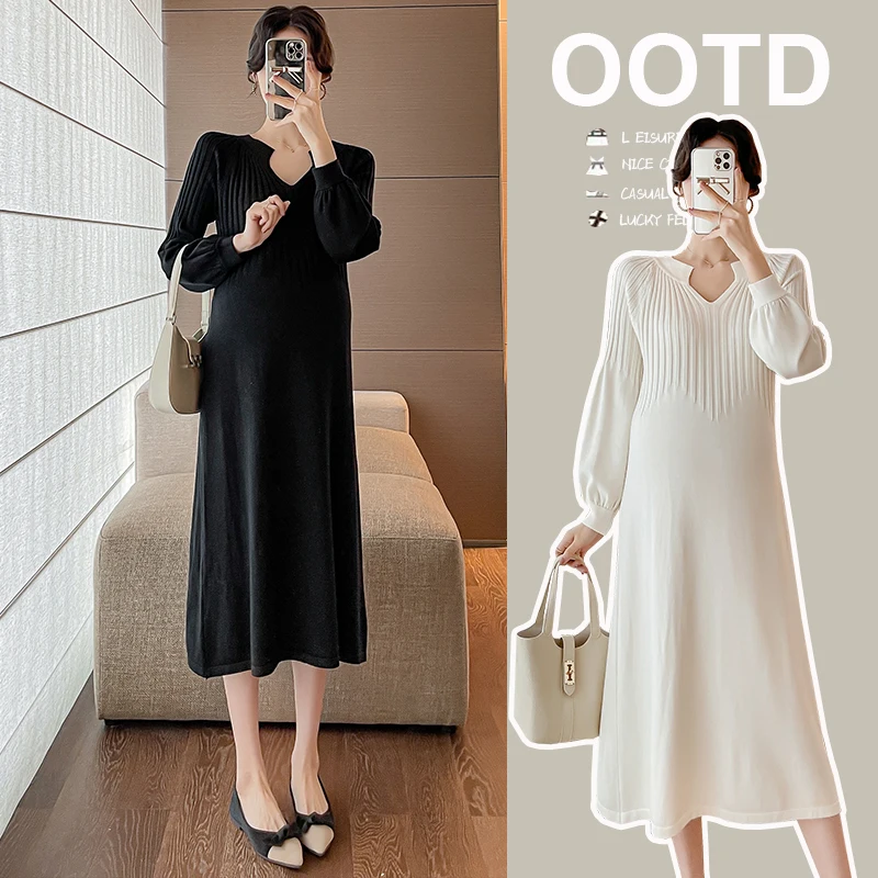 9018# 2023 Autumn Winter Fashion Knitted Maternity Sweaters Dress Elegant Loose Straight Clothes for Pregnant Women Pregnancy