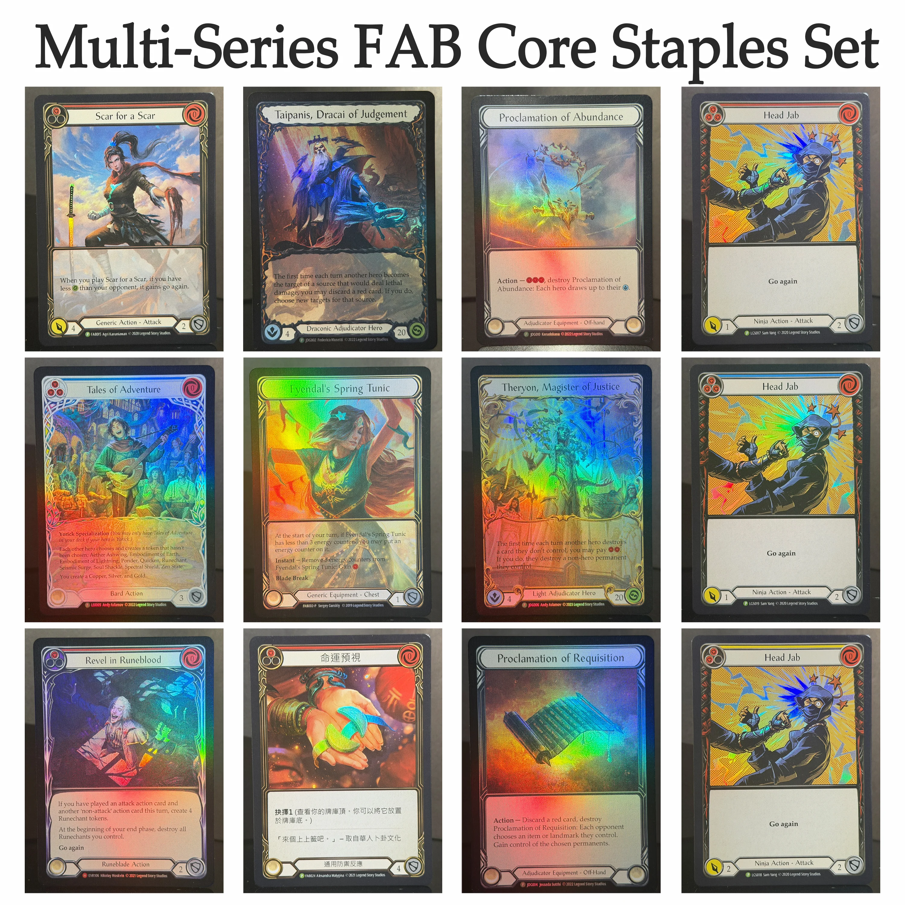 

Flesh and Blood Multi-Series FAB Core Staples Set Promo EVR JDG LGS LSS RF Fyendal's Spring Tunic Revel in Runeblood Proxy Cards