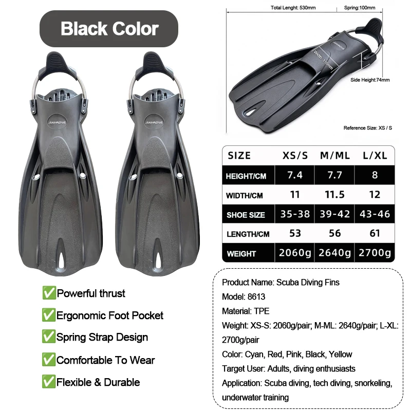 Adult Open Heel Diving Fins with Spring Strap, TPE Scuba Flippers, Comfortable Powerful Fins for Deep Dive and Snorkeling Traini