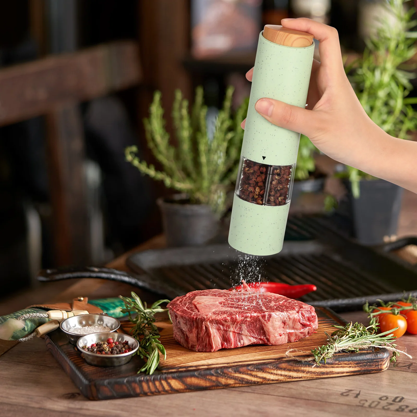 

2pcs Electric Pepper Grinder Adjustable Salt Pepper Mill Transparent Container Freshness Seal Holder Kitchen Grinding Tool For